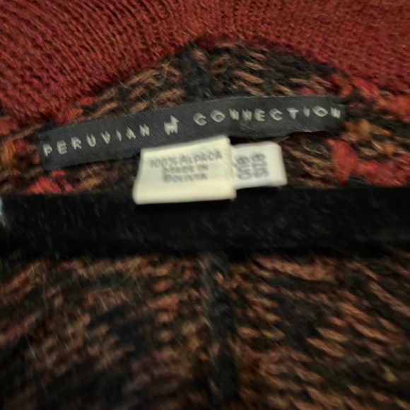 PERUVIAN CONNECTION BLACK, BROWN RUANA CAPE WITH RED ACCENTS AND EMBROIDERY - Picture 11 of 16